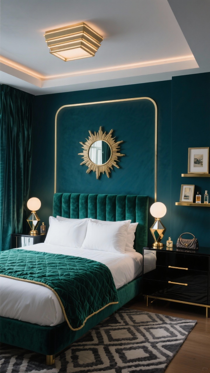 Photorealistic wide shot, Jewel-Tone Art Deco Glam In A Compact Layout: walls in deep midnight teal; velvet headboard in emerald; crisp white sheets with a piped edge and a matching emerald velvet quilt; mirrored nightstands reflecting light; geometric brass lamps with opal globes; above the bed a sunburst mirror; low-contrast patterned rug in charcoal and ivory; slim lacquer dresser in black with gold bar pulls; picture ledges styled with small framed art, perfume bottles, and a few clutch bags; flush-mount ceiling fixture with stepped Deco lines; subtle LED strip glow behind the headboard; silk-effect blackout curtains in a tone matching the walls for height. Rich, moody evening ambiance, straight-on composition emphasizing symmetry and glam.