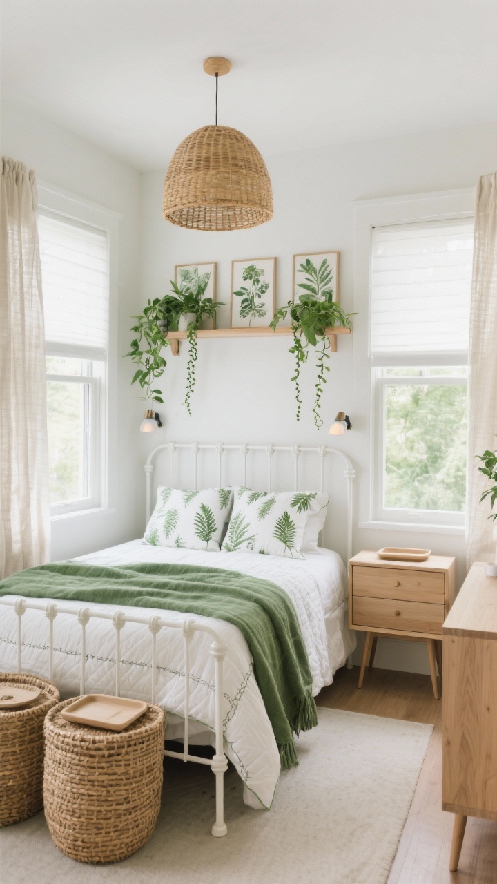 Photorealistic wide shot, light and lively biophilic nook, straight-on view: compact bedroom with a white metal bed frame with slender posts, dressed in sage-green cotton sheets, a white quilt with subtle stitched pattern, moss-toned throw, and two patterned shams with tiny fern/botanical motifs. Above the headboard, a floating shelf with trailing plants (pothos and string-of-pearls) framing the bed without touching it. Replace nightstands with round rattan baskets topped by simple trays. Windows feature sheer flax curtains layered over white roller shades. Overhead, a rattan dome pendant; two clip-on reading lights attached to the headboard. Light oak dresser on slim legs to one side. Color palette of white, sage, moss, light oak, and rattan; airy natural daylight, cheerful, nature-forward vibe with botanical print trio subtly visible.
