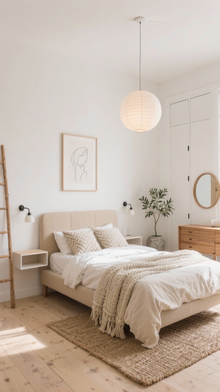 Photorealistic wide shot of a 10x10 Scandinavian bedroom flooded with natural light: warm white walls, light oak plank floors, a low full-size bed with an oatmeal beige linen-upholstered headboard centered on the longest wall. Two floating night shelves replace tables, each with pivoting-arm wall sconces. Above the bed, a single oversized framed line drawing. A round paper lantern pendant glows overhead. Tonal textiles: cream duvet, chunky knit throw, subtle herringbone pillows. A Scandi ladder rack in one corner, a slim oak dresser opposite doubling as a vanity with a round wood-framed mirror. Built-in slim wardrobe with white sliding doors, under-bed drawers visible. A jute rug under the bed and a small olive tree in a stone vase add texture. Calm, bright, minimal, straight-on perspective.