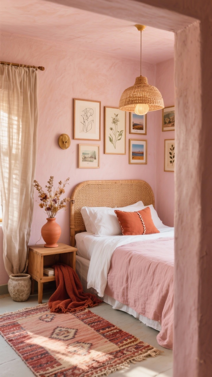 Photorealistic wide shot of a blush-painted small bedroom (muted, sun-faded rose tone) with boho warmth; rattan headboard, mango-wood nightstand; terracotta accents: clay lamp base, earthenware planter, rust-colored throw; bedding with white cotton sheets, blush linen duvet, terracotta lumbar pillow with hand-stitched detail; flatweave kilim rug in rust, blush, and sand; natural flax linen curtains gently pooled; woven pendant casting warm, dappled glow; tight, low gallery wall above the bed with collected art (line drawings, travel photos, vintage botanicals) in mixed wood and brass frames; dried florals in a stone vase; cozy, earthy, romantic golden-hour feel, angled from the doorway.
