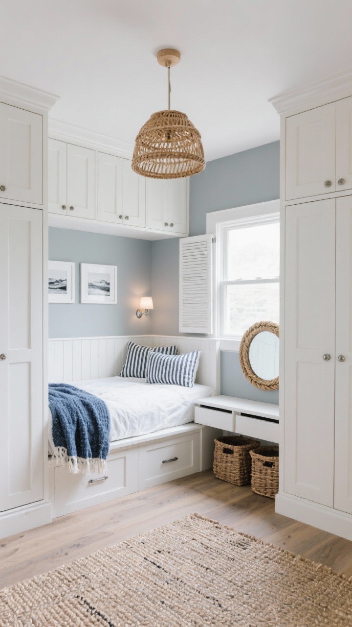 Photorealistic wide shot of a coastal 10x10 bedroom with built-ins: sea-salt gray walls with white trim, pale engineered wood floors. A built-in platform bed nestled between two floor-to-ceiling wardrobes forms a sleeping alcove with a shiplap-style headboard and overhead shaker-door cabinets. Under-cabinet tiny picture lights/sconces for reading. Bed dressed in crisp white linens with navy pinstripes and a textured blue throw at the foot. Window zone shows a built-in window seat with lift-up bench, striped cushions, and coastal pillows. Wardrobes include narrow pull-out trays acting as nightstands; hardware in brushed nickel. Opposite wall: shallow white console with louvered fronts, round rope mirror above, woven baskets below. Rattan pendant light overhead, flatweave rug in sand tones, black-and-white coastal photography in white frames. Breezy, efficient, straight-on view.