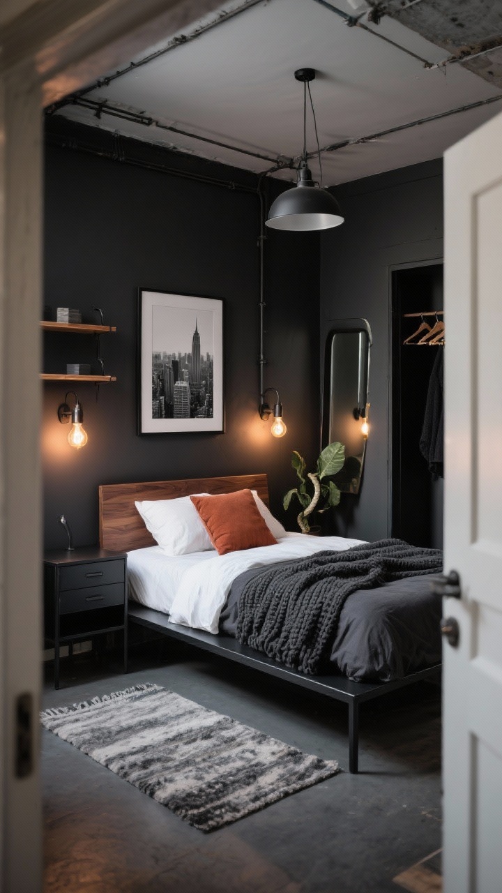 Photorealistic wide shot of a compact moody industrial bedroom viewed from the doorway at a slight corner angle: deep charcoal walls, matte black metal low-profile platform bed with a walnut headboard, crisp white sheets, charcoal duvet, one rust accent cushion, chunky knit throw; narrow black dresser and slim wall-mounted night shelves; exposed-bulb Edison sconces casting a warm glow and a compact industrial pendant overhead; textures of raw walnut wood, brushed steel, and a soft wool salt-and-pepper rug slid partly under the bed; a single oversized black-and-white cityscape photo in a thin black frame; a narrow black-framed floor mirror leaning in the corner; a small snake plant; black felt hangers peeking in a streamlined open closet; cinematic low, warm lighting, no people.