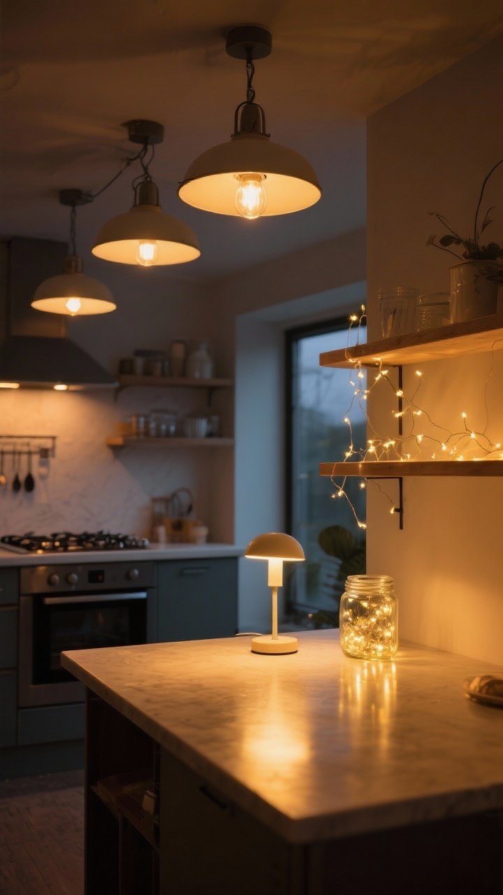Photorealistic wide shot of a kitchen at dusk showcasing cozy lighting: warm 2700K LED bulbs in ceiling fixtures, a small accent lamp on the countertop casting a golden pool of light, and a glass jar on an open shelf filled with micro fairy lights for subtle sparkle. The rest of the room in gentle shadow to emphasize the warm glow; straight-on composition capturing the stove, counters, and shelves; no people; café-like ambiance.