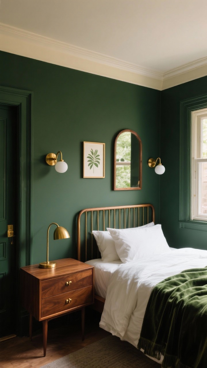 Photorealistic wide shot of a moody, intimate small bedroom fully enveloped in deep forest green matte paint on walls, trim, and door. Warm walnut furniture with slim profiles: slatted headboard catching light, walnut nightstand, and a mid-century dresser. Brass accents adding glow: picture lights over botanical prints, curved brass table lamp, slender brass drawer pulls. Bed styling in ivory and moss linens with a rich velvet throw. Ceiling in pale cream to avoid a “lid” effect. A slim brass- or warm-wood-framed mirror opposite a window reflecting daylight, plus warm white bulbs in brass sconces. Cocooned, luxe atmosphere, shot from a corner to show the seamless envelope and reflections.