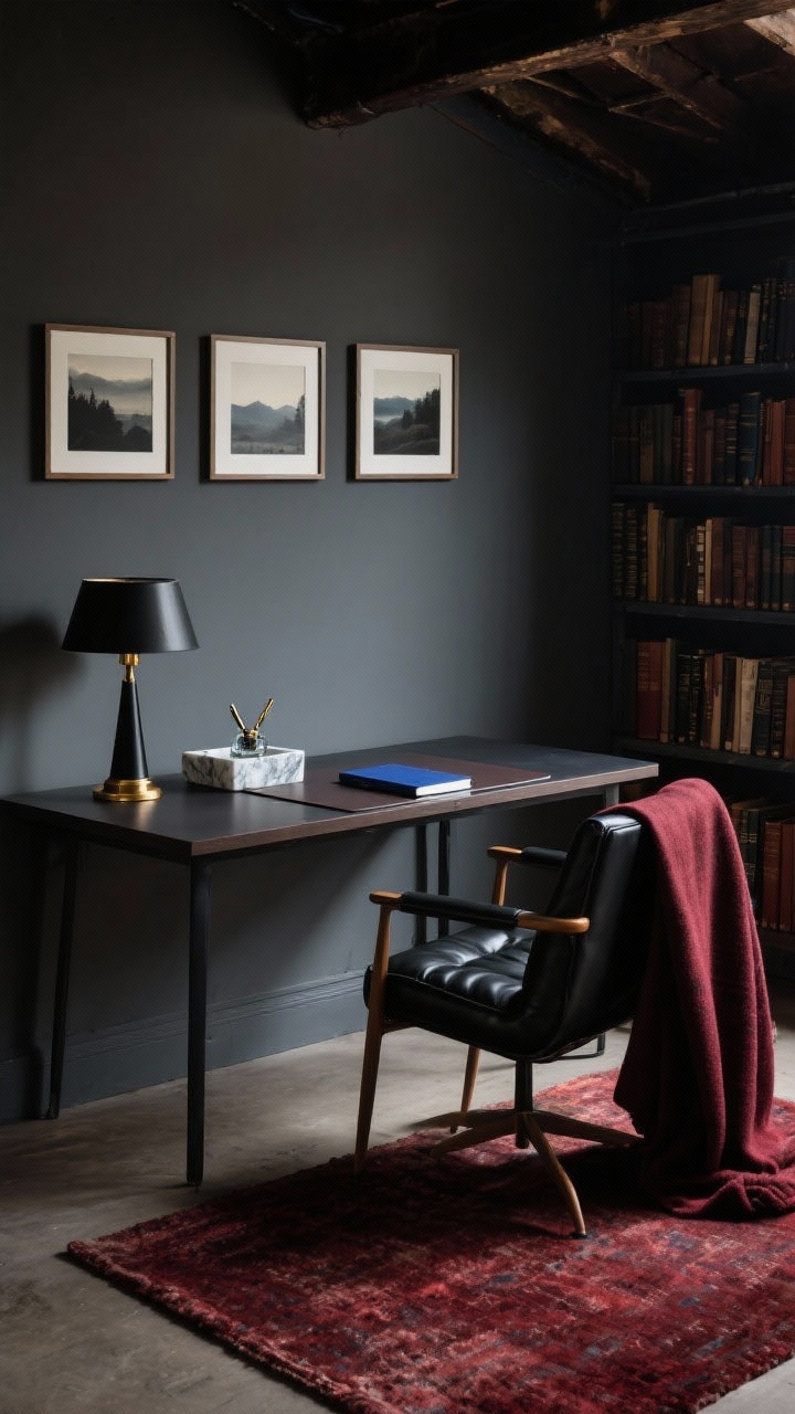 Photorealistic wide shot of a moody library loft workspace: charcoal/espresso desk with a black faux leather chair. Dark leather desk pad, a tapered black lamp, marble catchall, brass pen with glass inkwell, and a deep blue notebook. A burgundy throw drapes over the chair; wool rug grounds the space. On the wall, a trio of moody landscape prints. Atmospheric, dramatic lighting with aged brass highlights; accents of ink blue and wine red. Shot from a low corner angle to emphasize depth and chic academia.