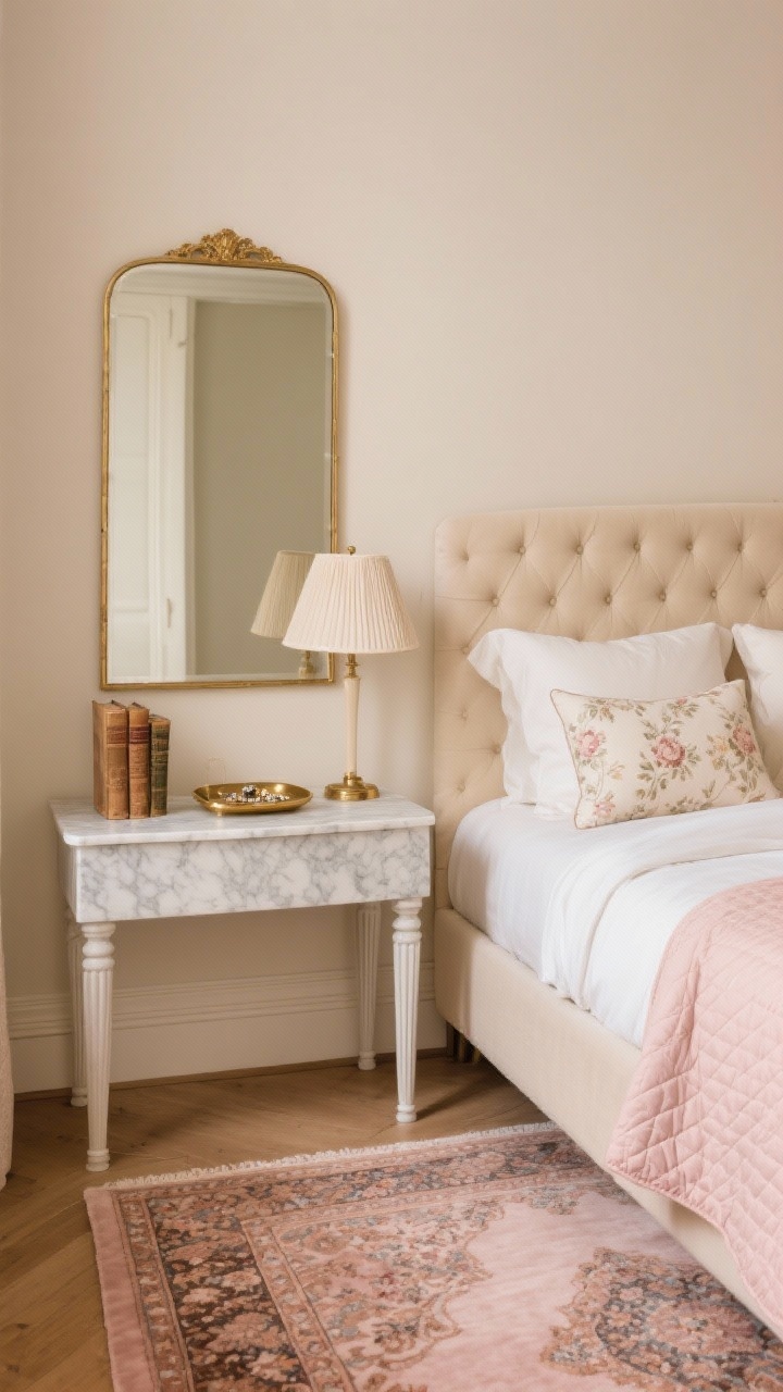 Photorealistic wide shot of a petite Parisian-inspired bedroom vignette: a narrow marble-topped console with delicate fluted legs serves as a nightstand beside the bed. Almond cream walls with a slim gilded mirror above the console to reflect light. On the console: a petite pleated lamp with a linen shade, a pair of softly worn vintage books, and a small brass tray for jewelry. Bed styling includes buttery sateen sheets, a pale blush quilt, and a neutral tufted headboard with two Euro pillows in muted floral. A low-pile Persian-style rug in dusty rose and tobacco tones anchors the floor. Palette: almond cream, blush, ivory, antique brass. Warm, romantic, restrained elegance; captured from a slight corner angle to show depth.