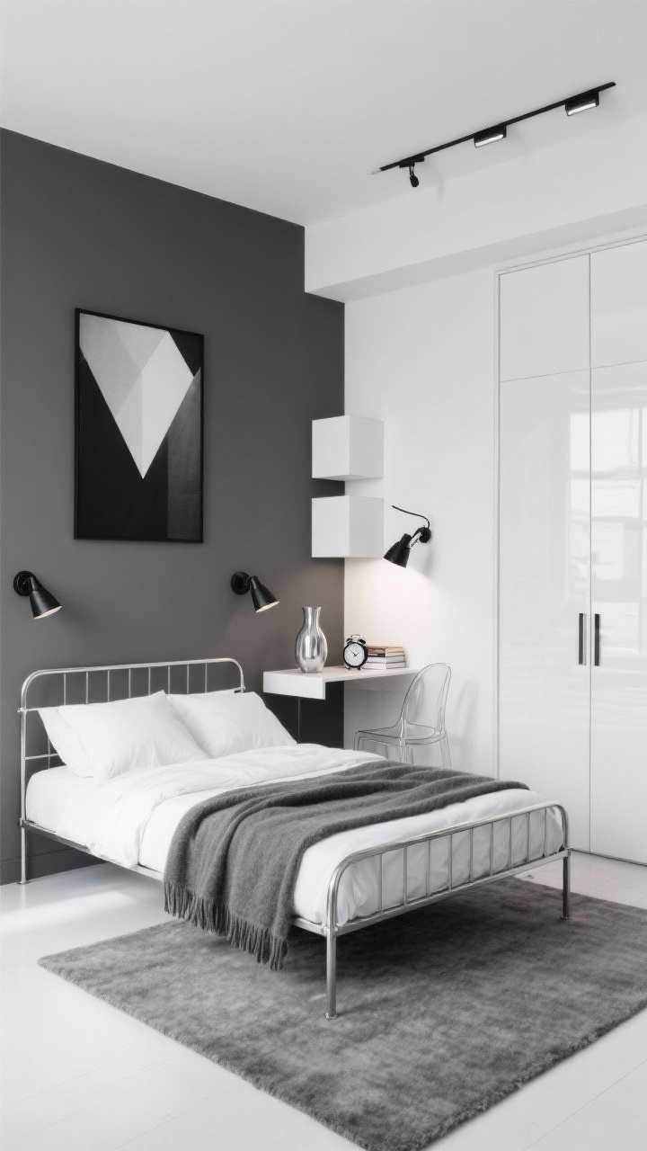 Photorealistic wide shot of a “Sleek Monochrome Micro-Loft” bedroom from a slight angle to show depth. One accent wall painted smoky charcoal; other walls pure white. Slim powder-coated metal bed frame with low-profile headboard, sharp white bedding, graphite wool throw. Black plug-in sconces with articulated arms mounted above narrow wall-mounted cubes or a single floating shelf running the bed’s length. Glossy white wardrobe with sliding doors reflecting light. Floating wall-mounted console as a desk with a clear acrylic chair. On the charcoal wall, one oversized black-and-white photograph or geometric canvas. Low-contrast gray rug with a tight, luxurious pile. Minimal accessories: chrome alarm clock, single sculptural vase, tiny stack of art books. Bright task lighting plus cool-white uplighting for crisp edges; palette of charcoal, pure white, graphite, chrome/matte black; no people.