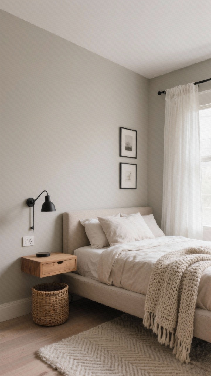 Photorealistic wide shot of a small bedroom in soft greige with warm undertones, walls and ceiling painted the same flat greige for a cocooned feel. Low, streamlined upholstered platform bed in oatmeal linen with linen euro shams; floating oak nightstand and a petite drum side table. Textured layers: chunky knit throw draped over the bed, gauzy white curtains filtering daylight, and a pale wool rug with a faint herringbone pattern. Matte black accents on thin metal lamp bases, picture frames, and curtain rods; woven baskets tucked under the floating nightstand. Space-saving wall-mounted plug-in sconces. Calm, airy, quietly luxurious mood; straight-on angle to emphasize cohesive color and height.