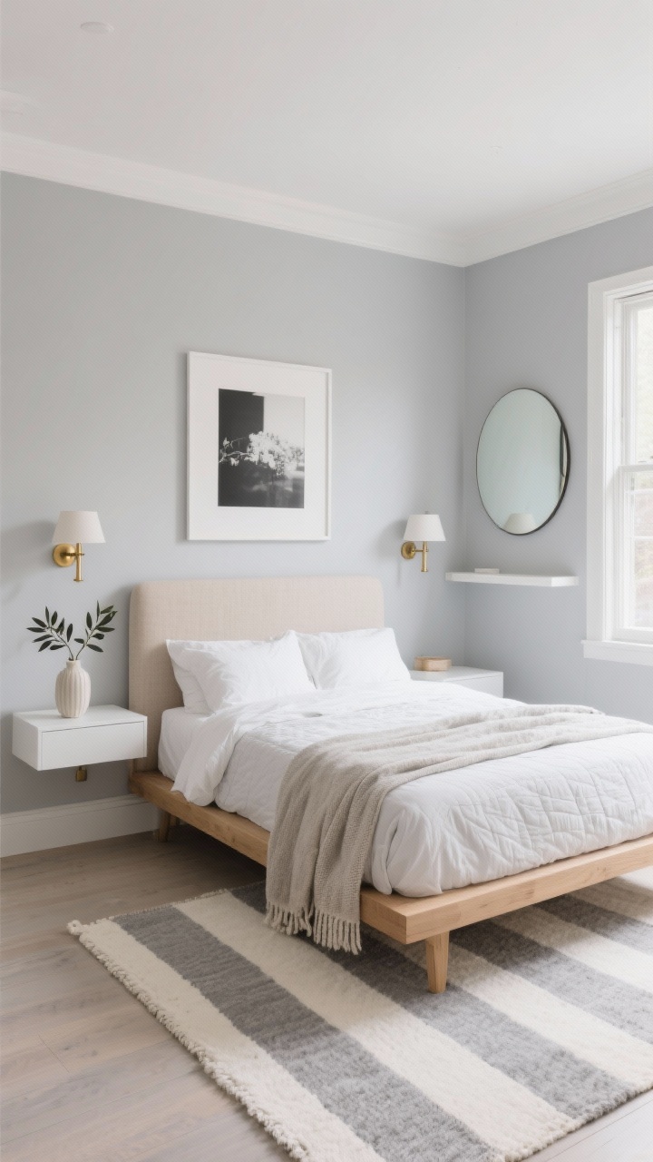 Photorealistic wide shot of a small bedroom in soft cloud gray walls with matte white trim and white ceiling, showcasing a low-profile light oak platform bed with an oatmeal linen upholstered headboard. White percale sheets, pale gray quilt, and a single textured throw add depth; slim floating white shelf nightstands keep the floor clear. Wall-mounted brass-neck sconces with soft white shades flank the bed; an ivory-and-gray striped flatweave rug elongates the floor. A single oversized black-and-white photograph hangs above the headboard, a small vase with olive branches sits on a shelf, and a round mirror opposite the window reflects natural light. Mood: polished minimalist calm, clean and serene, soft daylight bouncing around.