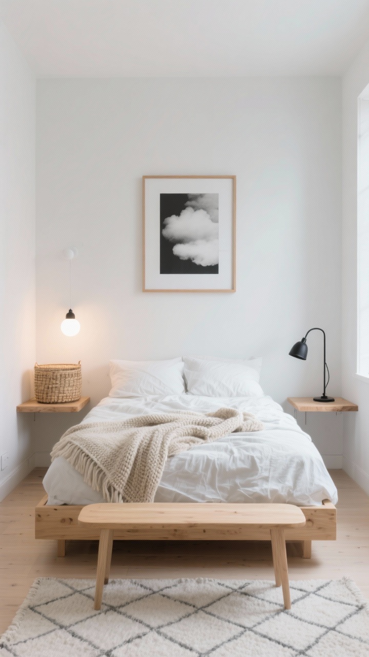 Photorealistic wide shot of a small “Soft Scandinavian Cloud” bedroom, straight-on view. Matte warm white walls, pale gray accents, and warm blonde wood throughout. Low blonde wood platform bed with crinkled white linen bedding, chunky oatmeal knit throw, slim oak floating shelves as nightstands with simple globe sconces (one sconce swapped for a sleek black swing-arm for contrast), woven lidded basket tucked under one shelf. Large abstract black-and-white print in a thin oak frame above bed, slender woven-seat bench at foot, pale diamond-pattern flatweave rug barely contrasting the light floor. Materials: linen, wool, light oak, ceramic. Color palette: warm white, feather gray, blonde oak, matte black accents. Soft, diffuse warm dimmable lighting that feels airy and weightless; no people, uncluttered, calm atmosphere.