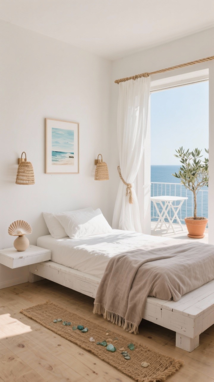Photorealistic wide shot of a small sunwashed coastal bedroom leading to a tiny balcony, straight-on view. Creamy off-white walls, pale oak flooring with a long jute runner. A low whitewashed wood platform bed with airy linen in pale taupe, a sea-glass throw, and a single watercolor coastal print above the headboard. Slim rattan sconces flanking the bed casting a warm beachy glow; a narrow floating shelf replacing a nightstand with a shell-like ceramic table lamp. Sheer white curtains tied back with rope, fluttering toward the balcony. Outside: matte white folding bistro set and a petite olive tree in a terracotta pot. Bright natural morning light, minimal, breezy, vacation-coded.