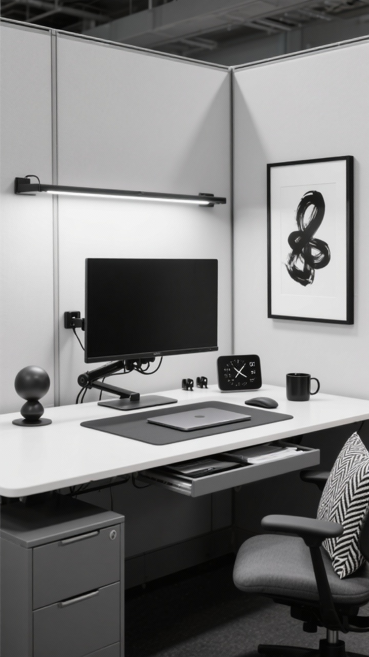 Photorealistic wide shot of a tech-forward minimal cubicle in sleek monochrome: charcoal desk mat, black metal monitor arm floating a display, low-profile laptop stand, and a wireless charging pad that blends into the surface. Hidden clutter: magnetic cable management clips in matte black under the desk edge, a slim drawer tray partially open with only essentials, and smoke gray document sleeves instead of bulky files. Lighting: a linear desk light with adjustable temperature set to cool focus, plus a smart desk clock displaying time, calendar, and temperature. Minimal decor: a single sculptural object (matte ceramic knot or metal orb) and one monochrome art print—black brushstroke on white—in a thin black frame. Textiles: graphite memory-foam wrist rest and a black-and-white micro herringbone lumbar pillow; double-walled glass or matte black ceramic mug. Color palette: black, graphite, white, smoked acrylic. Straight-on, crisp, high-contrast lighting for pro-level focus.