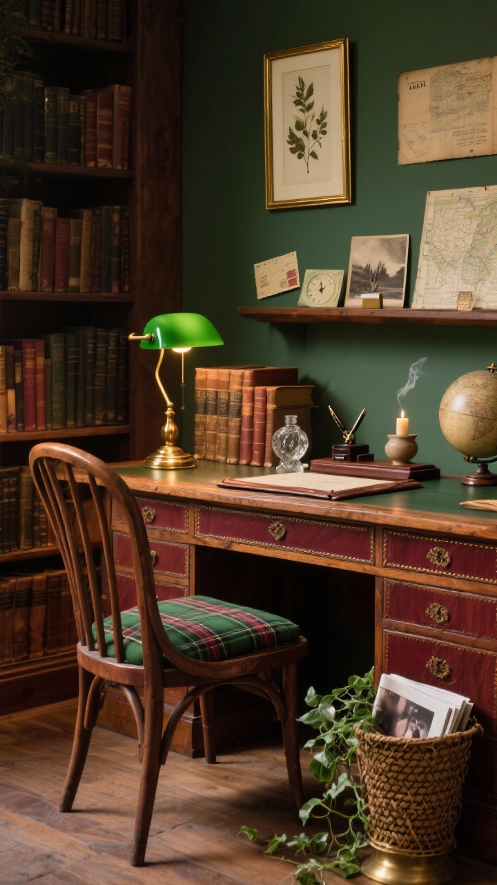 Photorealistic wide shot of a vintage study with library charm: rich walnut writing desk with leather inlay, curved windsor chair with a tartan cushion, deep forest green and burgundy palette with brass accents. Green-glass banker’s lamp casting warm evening light; stacked vintage books with deckled edges and a brass page holder; pressed botanical prints in thin brass frames leaned against the wall; mahogany pen rest with a fountain pen and ink bottle; leather blotter, etched glass paperweight, ceramic cedar-smoke candle; a small globe and an antique-style desk clock. On the wall, two slim picture ledges with postcards, old maps, and a sepia photo; woven magazine holder under desk; trailing ivy plant in a brass planter. Shot from a corner angle to show depth and cozy, romantic, studious mood in warm, low lighting.