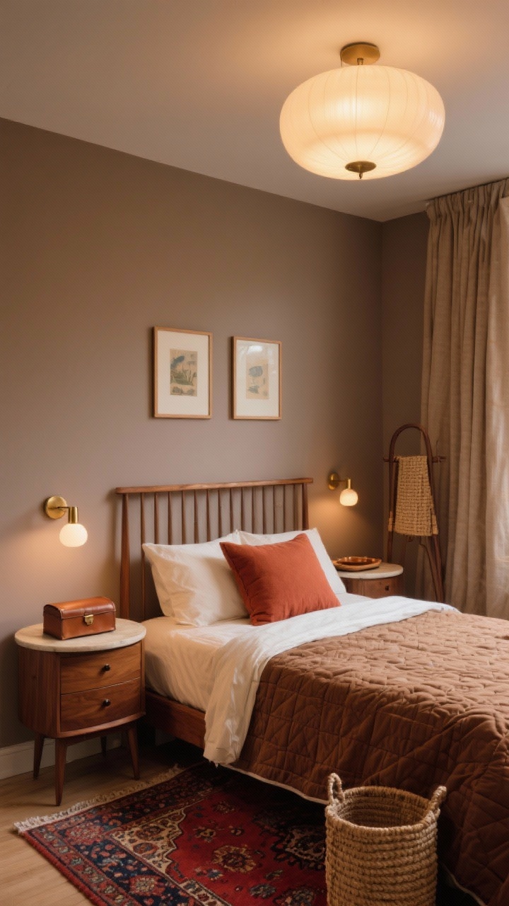 Photorealistic wide shot of a warm mid-century small bedroom from a corner perspective: mid-tone taupe walls, walnut bed with slatted headboard; cream sheets, cocoa quilt, and a single rust lumbar pillow; vintage-style Persian rug in muted reds and navy anchoring the space; round bedside tables with tapered legs and brass sconce lights; slim three-drawer walnut dresser with a leather tray and lidded leather box; opal glass flush mount ceiling light; two small vintage-framed art prints above the bed; linen curtains in a warm oatmeal tone; valet stand and compact woven seagrass hamper tucked neatly; evening warm lighting, cozy and refined, no people.