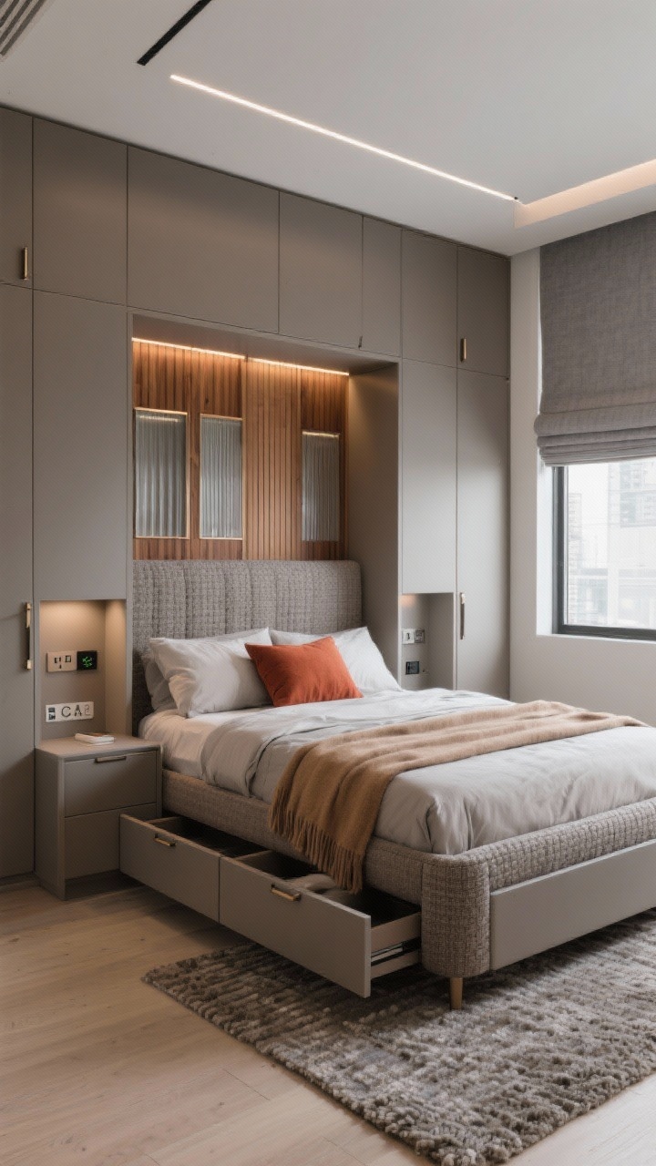 Photorealistic wide shot of an Urban Built-In bedroom showcasing smart storage: bed wrapped by a wall of satin-finish warm gray cabinetry with integrated finger pulls; recessed niche over the headboard lined with warm wood slats and a dimmable LED strip, discreet USB-C/AC outlets and a hidden wireless charger inside; upholstered bed in textured mushroom-gray weave with built-in drawers beneath; pull-out ledges concealed in the side towers acting as nightstands; tone-on-tone bedding—oyster sheets, gray duvet, thin camel wool throw, plus a single rust-colored lumbar pillow for color; closet doors floor-to-ceiling with a couple of fluted glass panels; low-profile loop rug that slides under drawers; inside-mount blackout Roman shade in heathered gray at the window; super-thin edge-lit flush mount overhead; polished minimal mood, photographed from a slightly elevated corner angle to show all the built-ins.