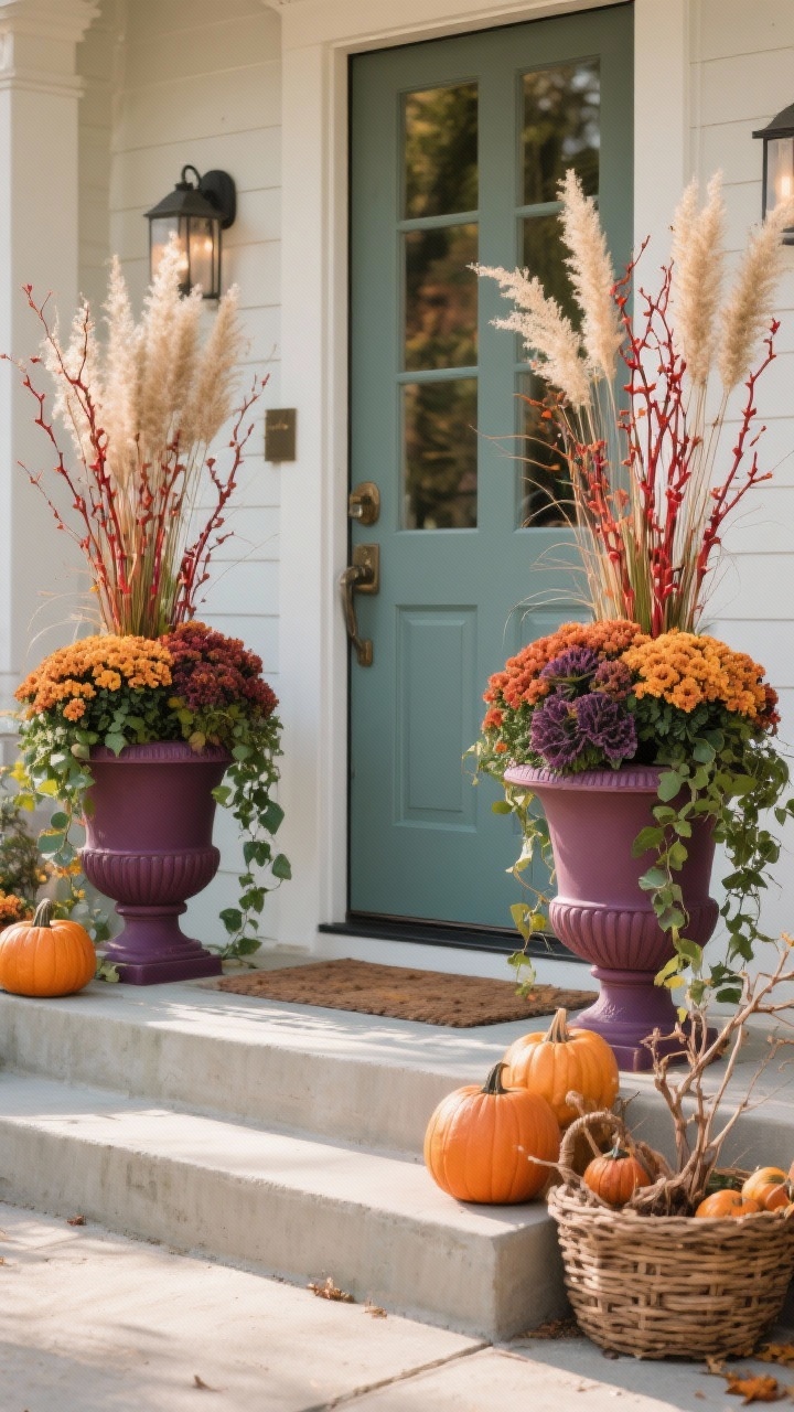 Photorealistic wide shot of flanking fall planters at a front door: matching urns brimming with mums and ornamental kale as fillers, trailing ivy spilling over the edges, and a thriller element of tall grasses with red twig dogwood stems for height. Tuck in small pumpkins and a few dried branches for extra drama. Palette limited to 2–3 colors (rust, deep plum, and sage) for cohesion. Straight-on composition, crisp daylight, tidy steps, optional mixed basket planter off to one side for a slightly eclectic touch.