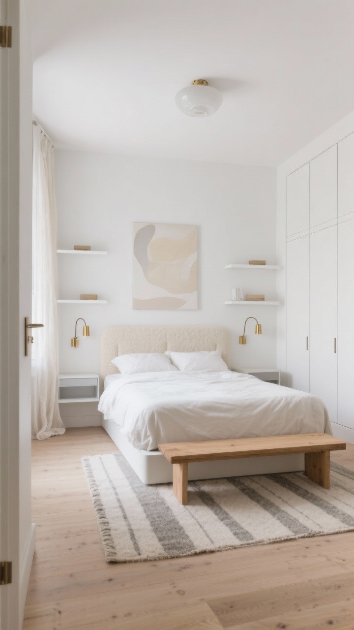 Photorealistic wide shot of “The Light Loft” small bedroom: soft white walls, pale oak floor, low-profile platform bed with a slim cream bouclé upholstered headboard, linen duvet in off-white, gauzy curtains lightly pooling, flat-weave rug with a subtle stripe. Floating shelves replace nightstands on both sides, with slim matte brass plug-in sconces arcing over each shelf. A long, narrow natural-wood bench at the foot of the bed. A single oversized abstract canvas in pale tones above the headboard. One wall is a seamless expanse of built-in wardrobes with flat, push-to-open warm white fronts. Slimline milk-glass flush-mount ceiling light for an even glow. Palette of white, oat, sand, soft gray, warm brass; uncluttered floor and airy, gallery-like mood, shot straight-on from the doorway.