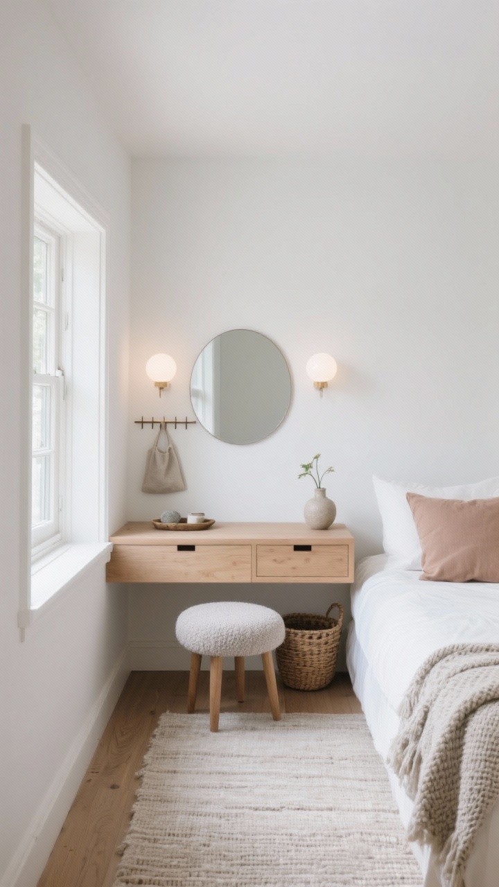 Photorealistic wide shot, Scandinavian ledge vanity beneath a window in a small bedroom; floating pale matte oak ledge just deep enough for essentials, frameless round mirror centered, mini opal globe sconces flanking the mirror, soft white walls with warm oak wood tones and hints of greige linen; slim armless boucle stool tucked completely under the ledge; under-ledge push-latch drawers, nearby peg rail with a hanging pouch; decor: tiny stone tray, low ceramic bud vase, woven lidded basket; opposite bed in crisp white with a textured throw and one oversized pillow in pale clay; light flatweave rug; bright natural daylight with soft, flattering sconce glow; calm, airy, minimal aesthetic; shot straight-on to emphasize tidy lines, no people.