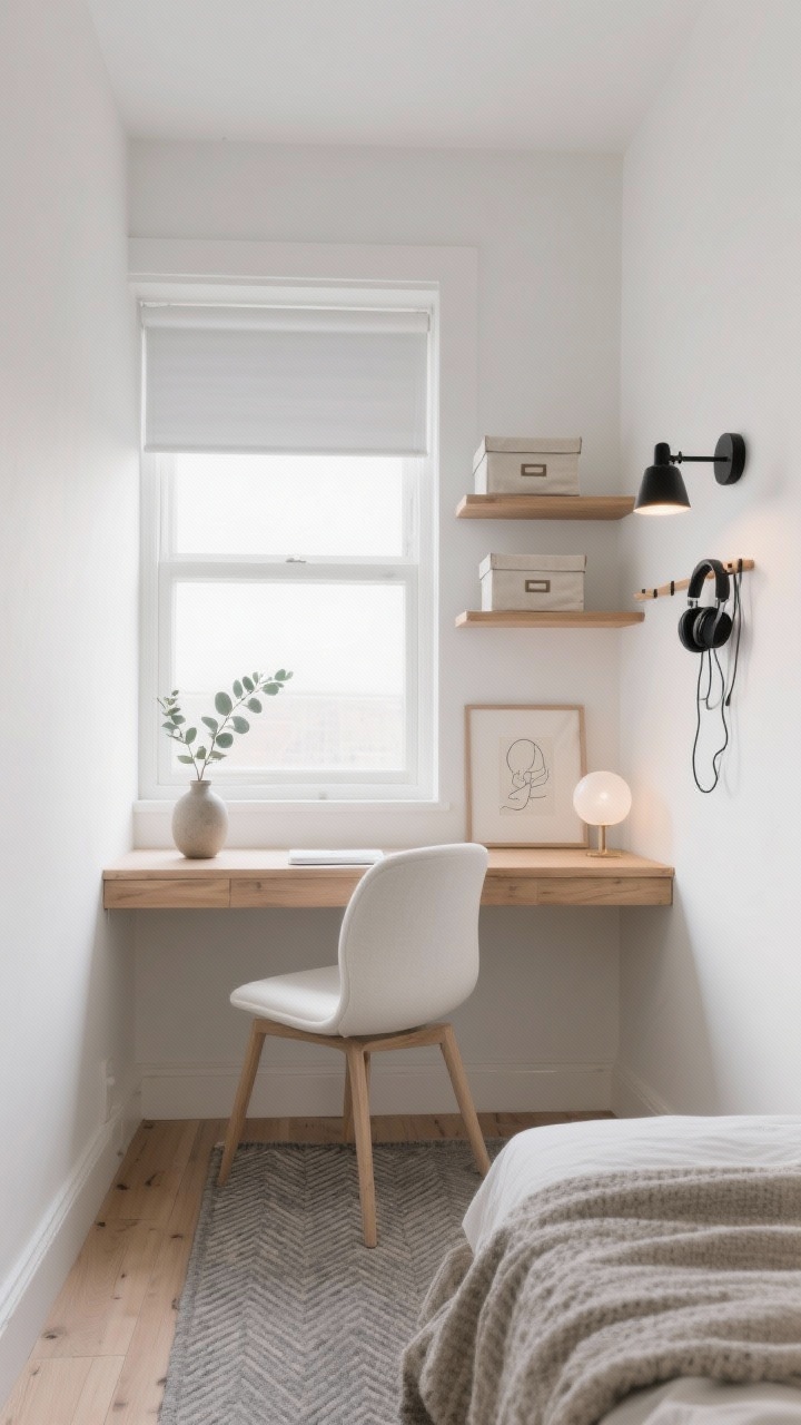 Photorealistic wide shot, Scandinavian window nook bedroom-office: a slim wall-mounted light oak floating desk centered beneath a bright window with a simple white blackout roller shade; compact armless white upholstered task chair with curved lines; soft white walls, pale oak wood, and dove gray textiles; narrow wool rug with subtle herringbone pattern underfoot; two slim maple shelves above the desk holding lidded linen boxes, a tiny frosted orb lamp, a framed line drawing, and a single eucalyptus stem in a stoneware vase; matte-black swiveling wall sconce to the side; peg rail with headphones and neatly looped cables; bed positioned opposite the desk with a textured neutral throw. Natural daylight with soft, airy ambiance, evening accent from the black sconce. Clean, calm, and ultra-usable. No people.