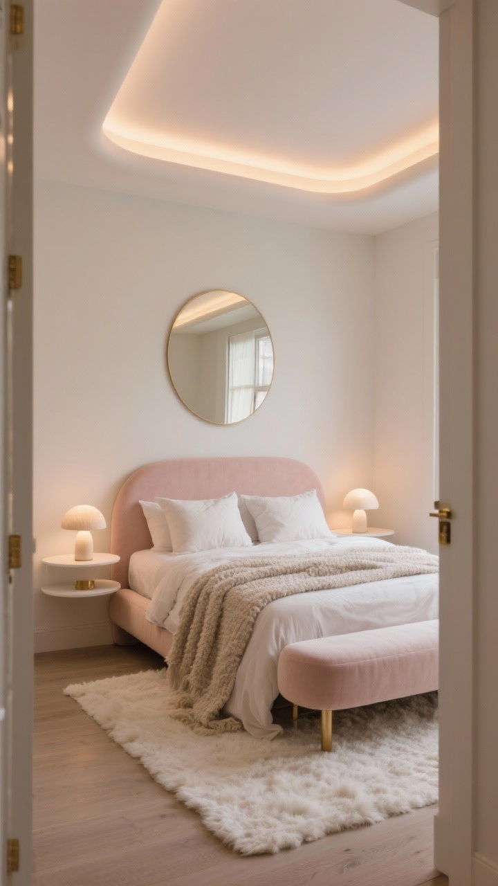 Photorealistic wide shot, small bedroom titled “The Cloud Glow,” viewed from the doorway at a slight corner angle. Creamy off-white walls, barely-there blush upholstered low-profile bed with rounded edges, slim upholstered bench at the foot, floating ceiling tray with recessed cove LEDs creating a soft halo that wraps the ceiling and glows subtly behind the headboard. Petite mushroom lamps on curved rounded floating bedside shelves, oversized round mirror reflecting the warm light, ivory plush rug underfoot. Textiles: linen duvet, bouclé throw draped casually, two oversized euro pillows. Hardware in champagne/brushed brass. Ambient evening lighting only, airy and calming, no people.