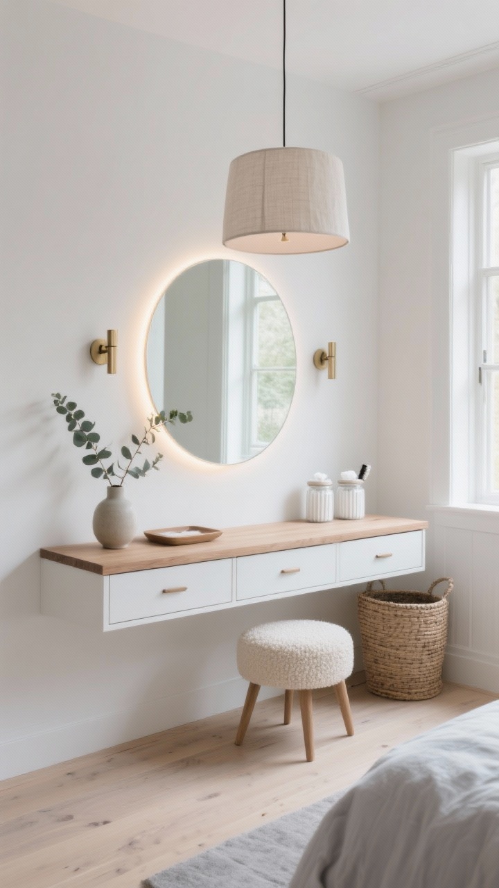 Photorealistic wide shot, Soft Scandinavian bedroom with a floating oak vanity shelf beneath a round frameless mirror with subtle LED backlighting; warm white walls, pale wood floors, misty gray accents; a narrow armless cream boucle stool tucked under the shelf; slim white drawers with finger pulls, two ribbed glass canisters for cotton pads and brushes on the shelf; lighting includes a linen drum pendant overhead and minimalist matte brass sconces flanking the mirror; decor features a eucalyptus sprig in a bud vase, a single ceramic tray, and a woven hamper by a sunlit window; airy, uncluttered Scandinavian mood, soft natural daylight with gentle, even illumination, shot straight-on to emphasize symmetry and calm.