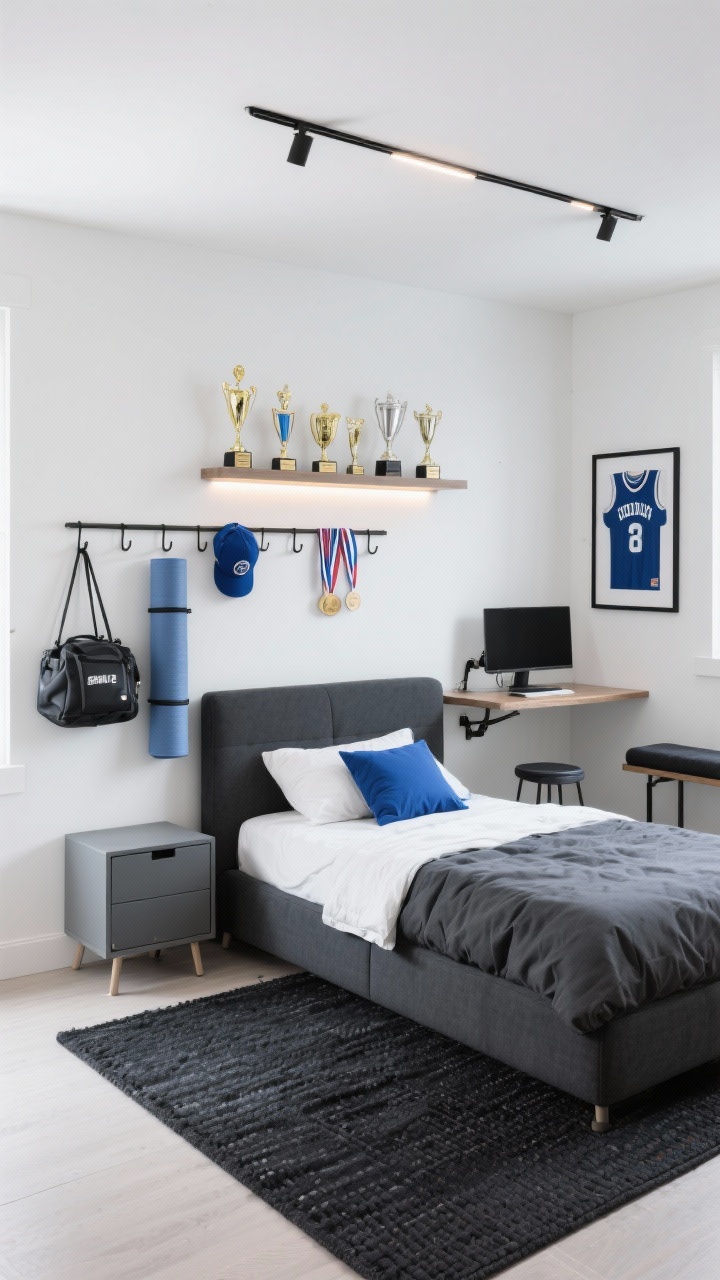 Photorealistic wide shot, sporty minimalist: crisp white walls, graphite upholstered bed serving as a hangout spot with simple white duvet, graphite sheets, and a single accent pillow in royal blue (team color), slim wall-mounted rail system with hooks holding a gym bag, yoga mat, and caps, charcoal rubber-backed flatweave rug covering the floor, floating shelf above the bed with neatly arranged trophies and medals with subtle LED strip glow underneath, compact corner desk with a monitor arm freeing surface space, cube nightstand with closed storage, collapsible stool tucked nearby, narrow bench at the foot of the bed, framed jersey and minimal typographic poster in matte black frames. Bright, even track-style ceiling lighting; clean, sharp, functional look; straight-on perspective.
