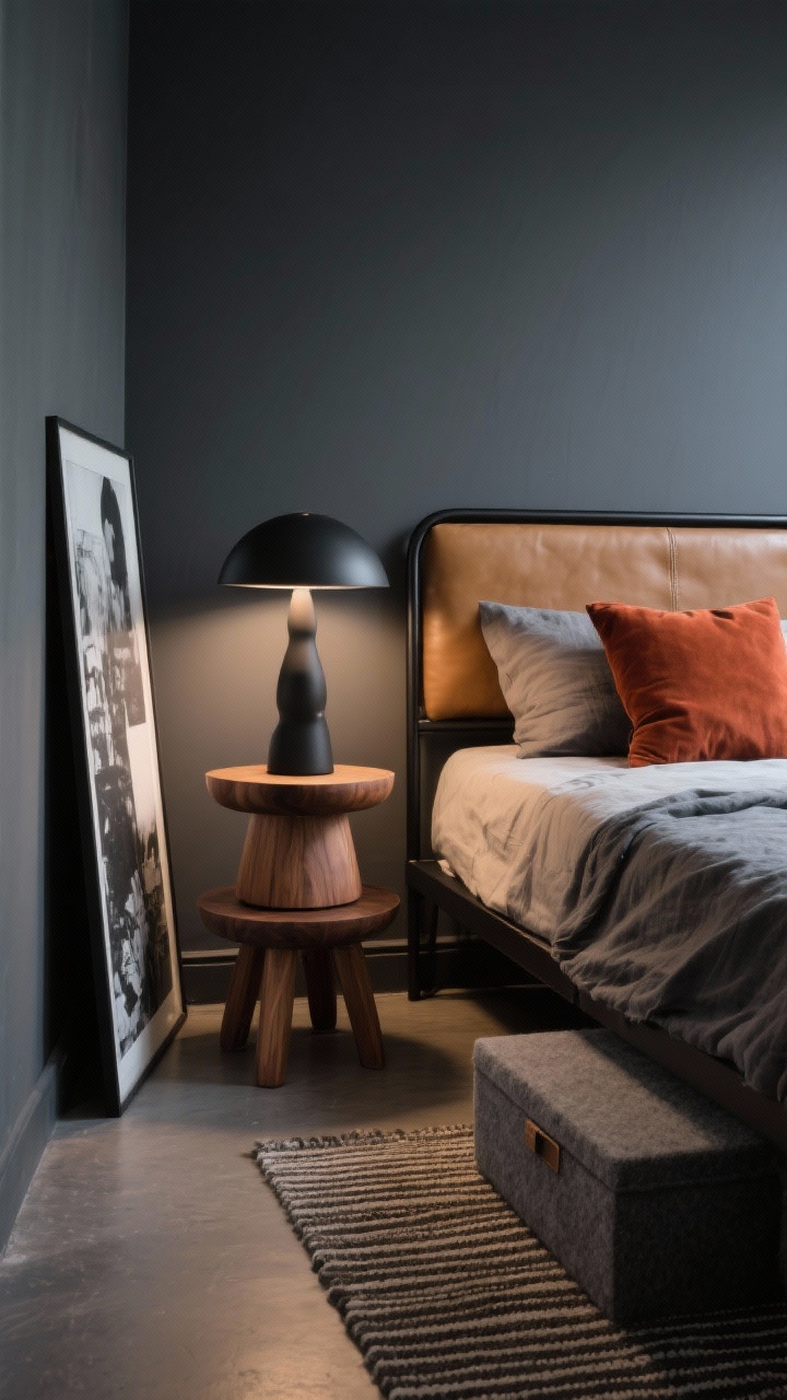 Photorealistic wide shot, straight-on view: A modern urban small bedroom in charcoal, sand, and espresso with a pop of rust. The side table is two nesting solid wood stools in slightly different heights, stacked offset like a sculptural piece; the top stool supports a matte black mushroom lamp casting a moody glow, while the bottom stool can slide out for extra surface. Bed is a slim black metal frame with a camel leather headboard cushion, stonewashed linen bedding in slate gray, and a rust velvet pillow. Include a flatweave micro-stripe rug, an oversized black-and-white art print leaning casually against the wall, and a felted gray underbed storage box. Nighttime, low-key lighting emphasizing the stacked-stool side table as the hero. No people.
