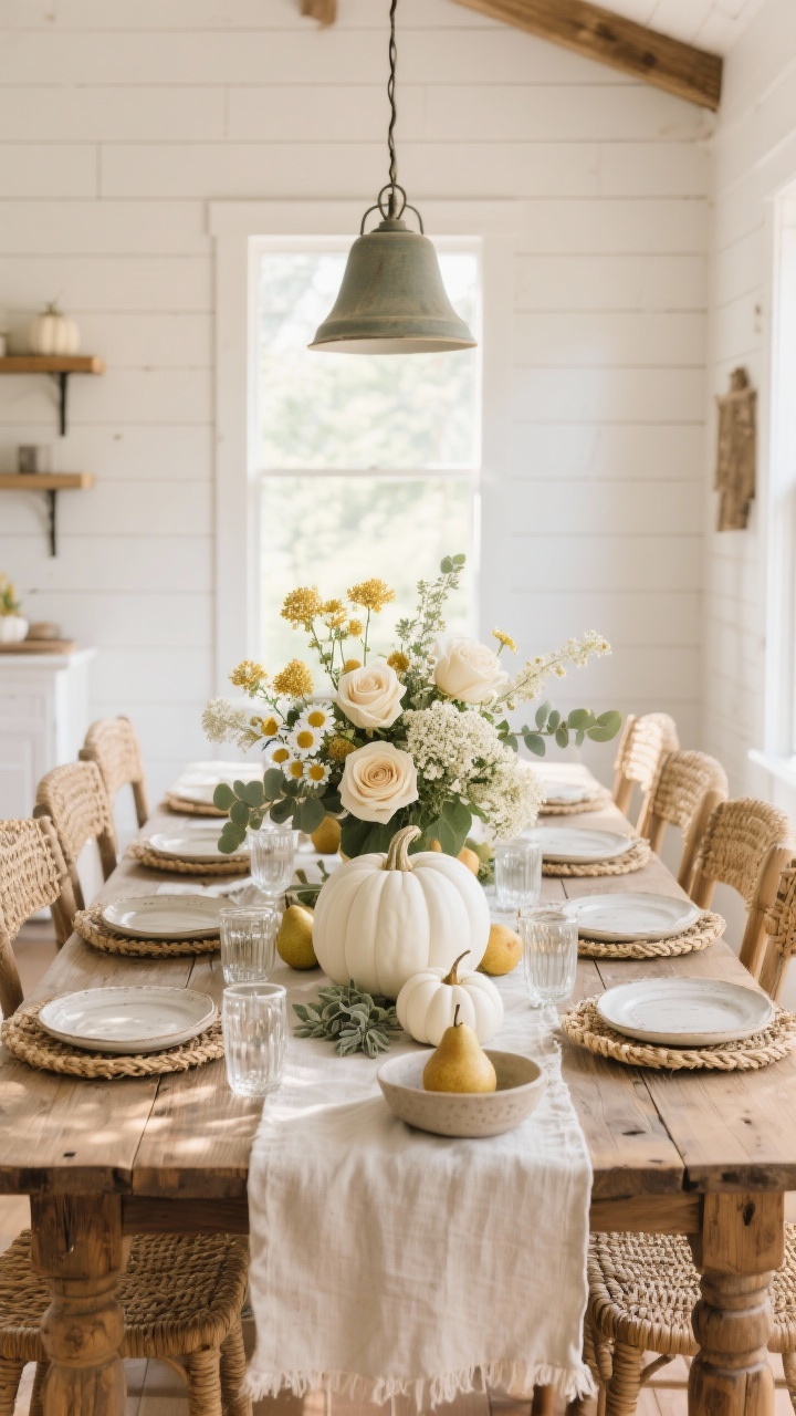 Photorealistic wide shot, sunlit farmhouse dining room: white shiplap walls, long rustic oak trestle table with a natural linen runner, woven rush chairs; centerpiece is a white Cinderella pumpkin bursting with cream roses, chamomile, golden yarrow, Queen Anne’s lace, with sage leaves and seeded eucalyptus; mini white pumpkins scattered along the runner, hand-thrown ceramic plates with frayed-edge napkins at each setting, clear glass bud vases and a bowl of fresh pears for honey tones; oversized bell pendant lights overhead; palette of cream, oat, soft sage, honey, warm wood; textures of linen, wicker, distressed wood, ceramic; bright natural morning light, straight-on composition.