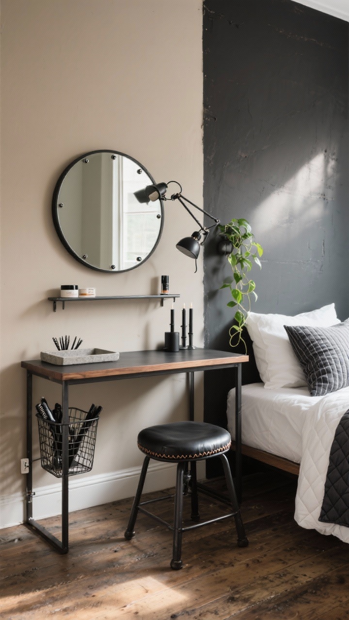 Photorealistic wide shot, urban industrial bedroom with a compact black powder-coated metal console vanity with thin wood top and single rail, paired with a round riveted mirror; warm greige walls with a charcoal accent wall behind the bed, raw-looking wood floors; backless leather stool with stitched edges tucked under the console; storage includes a wire mesh basket for hair tools under the rail, magnetic canisters for bobby pins on the console leg or nearby metal surface, and a wall-mounted steel shelf holding skincare; lighting from an articulating black plug-in task sconce over the vanity plus a tiny clamp light attached to the shelf; decor features a concrete tray, black candlesticks, and a single trailing pothos adding softness; bedding is crisp white with a charcoal quilted coverlet and a striped lumbar pillow; corner angle perspective, late-afternoon directional light enhancing textures and grit.