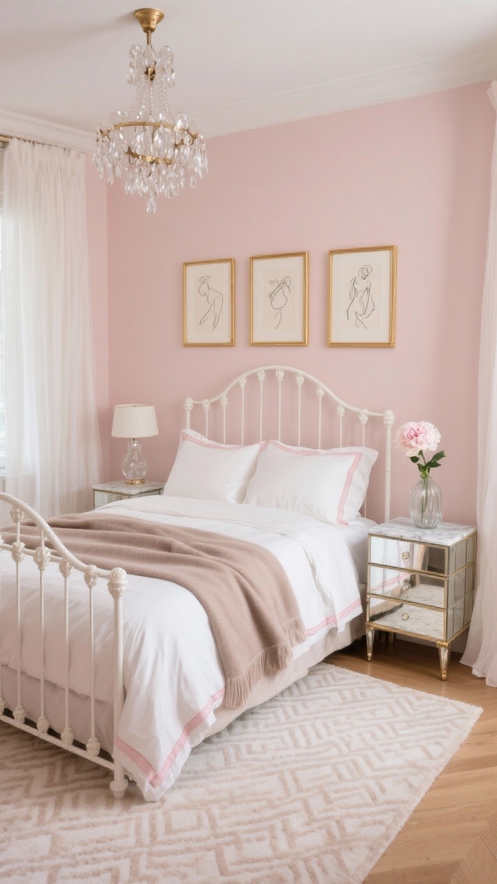 Photorealistic wide, slightly overhead angle of a petite Parisian-inspired bedroom in barely-there blush walls, luminous and elegant. A curved white metal bed frame with white sateen sheets featuring a blush border, topped with a soft taupe coverlet and a cashmere-look throw. Petite marble-topped nightstands or mirrored cubes flank the bed, sparkling subtly. Lighting includes a crystal-accented flush mount or petite chandelier and glass/alabaster bedside lamps. A pale low-pile rug with a delicate faded lattice or micro-herringbone pattern grounds the space. Trio of gold-framed art (sketches/line drawings) arranged on the blush wall; sheer white curtains that pool slightly at the floor. A single peony in a glass bud vase on the nightstand. Mood: light, feminine, grown-up glam.