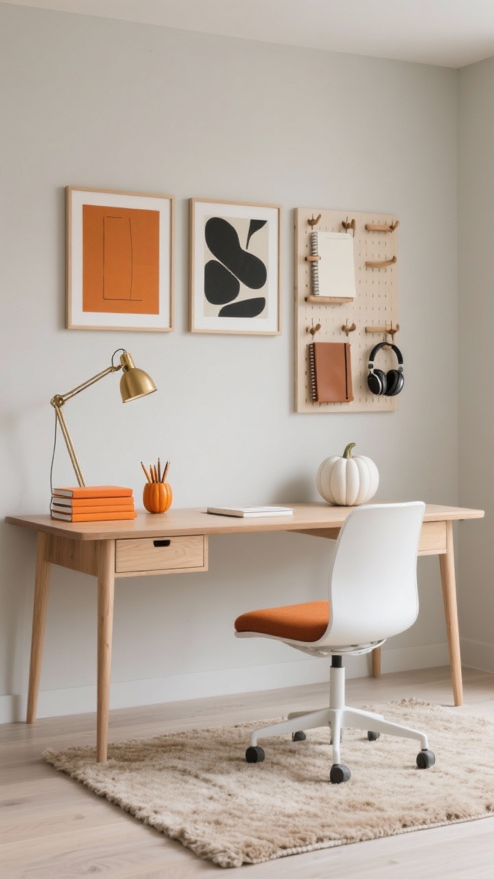 Photorealistic wide, straight-on shot of a Modern Maple Minimalist office: soft greige walls, streamlined maple desk with thin tapered legs (no drawers), white ergonomic chair topped with a terracotta seat cushion, low-profile oatmeal wool rug. Slim brass adjustable task lamp on desk. Wall-mounted birch pegboard with leather loops holding notebooks and headphones. Palette accents: burnt orange notebook stack, matte pumpkin-colored pencil cup, single matte white sculptural ceramic pumpkin. On wall above desk, a triptych of abstract prints in saffron, coal, and bone. Airy, calm ambience with gentle daylight.