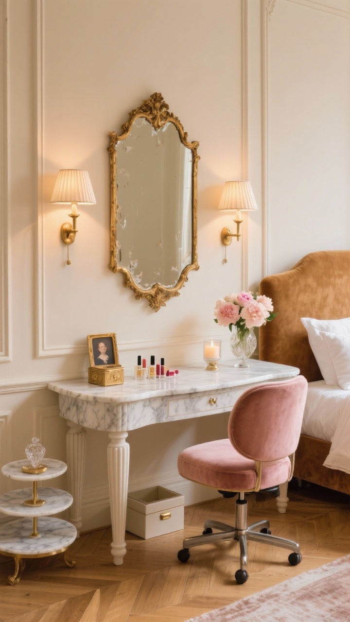 Photorealistic wide wall-on shot of a Parisian vanity wall: warm ivory walls with slim applied moldings painted to match; narrow marble-topped console with delicate fluted legs centered between moldings; gilded antique-style mirror above with slightly imperfect edges; blush velvet swivel vanity chair tucked neatly under; storage accents: discreet under-chair storage box and a marble tiered tray on console with lipsticks and fragrances; lighting: two candle-style sconces with pleated shades on dimmers casting warm, flattering glow; decor: miniature portrait, brass trinket box, cut-crystal scented candle, fresh peonies; surrounding room hints: camel velvet headboard, ivory bedding with satin lumbar pillow, parquet/herringbone flooring or rug; romantic, golden-hour ambiance; no people.