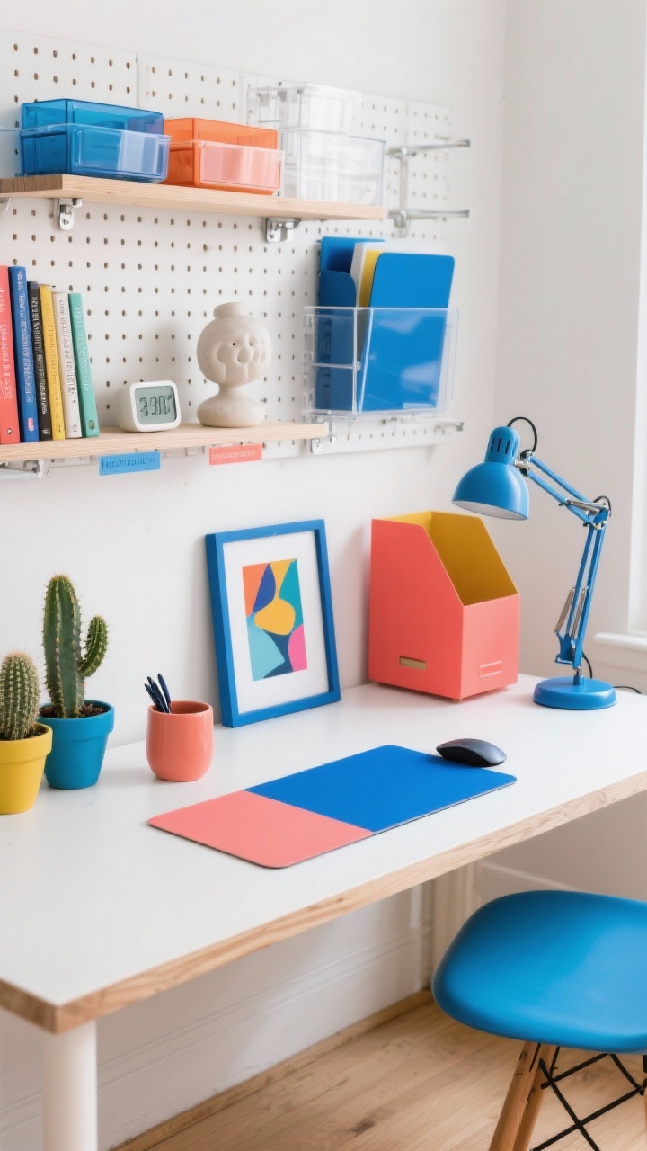 Photorealistic wide workspace shot of a creative color pop studio desk: neutral white or light maple desk as base, two bold accents repeated—cobalt and coral. A color-blocked mouse pad (cobalt/coral), a matte ceramic pen cup in coral, and a small abstract artwork in a cobalt frame. Above the desk, a pegboard/rail system with modular containers; labeled acrylic trays and a standing file in a bold hue keep the desktop open. A clamp-on powder-coated task lamp in cobalt anchors the setup. Mini cacti cluster in colorful pots add low-maintenance greenery. An inspiration shelf holds color-forward books, a quirky small sculpture, and a compact digital timer. Materials include powder-coated metal, birch plywood, matte ceramic, acrylic. Bright, energetic mood with balanced neutral base, photographed from a slight corner angle with even daylight, no people.