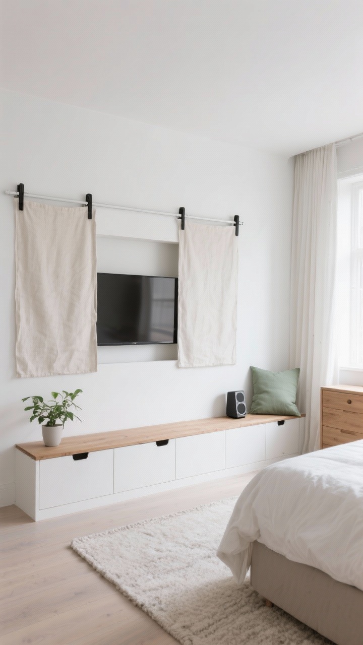 Straight-on, medium photorealistic shot of a Scandinavian space-savvy TV niche: a custom wall niche painted the same cloud white as the surrounding walls, housing the TV; two linen-covered sliding doors on a simple track partially closed to show their function, with tiny black finger pulls. Below, a long integrated bench with white oak drawer fronts and discreet cutout pulls, styled with a small plant and a compact speaker. Palette of cloud white, soft oak, and a whisper of sage via a throw pillow on the adjacent bed; crisp cotton bedding, light-filtering curtains, and a pale wool flat-weave rug. Daylight fills the room for a serene, clutter-free mood; bed faces the niche, and a slim-profile dresser sits on the adjacent wall to keep circulation clear.
