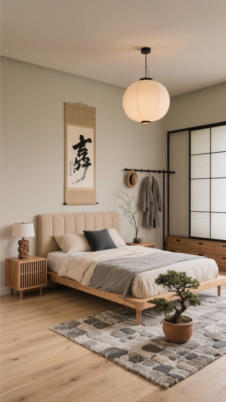 Straight-on medium shot: Japandi zen retreat with warm greige walls and blond maple floors. A tatami-inspired low ash platform bed with a padded linen headboard in mushroom beige is dressed in oatmeal sheets, a pebble-gray duvet, and a single charcoal lumbar pillow. Cube nightstands with sliding slat doors flank the bed; one holds a carved wood table lamp while a paper lantern pendant floats overhead creating soft pools of light. A single oversized ink-brush wall scroll hangs near the headboard; opposite, shoji-inspired closet doors slide open slightly to reveal organized shallow drawers and hanging space. A black steel wall rail displays a robe, a hat, and a minimal dried branch arrangement. A stone-colored wool flatweave rug anchors the bed; a small bonsai in a clay pot adds life. Tranquil, mindful, photorealistic.