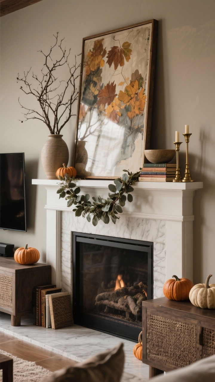Straight-on medium shot of a fall-styled mantel focal point: a large leaned framed art piece as the anchor, asymmetry with a tall ceramic vase of branches on one side and stacked books with a shallow bowl on the other, plus a subtle eucalyptus garland weaving across and a few small neutral-toned pumpkins. Brass candlesticks add warmth. If TV present, decor kept low under it with height and texture at the console ends. Warm, moody light.
