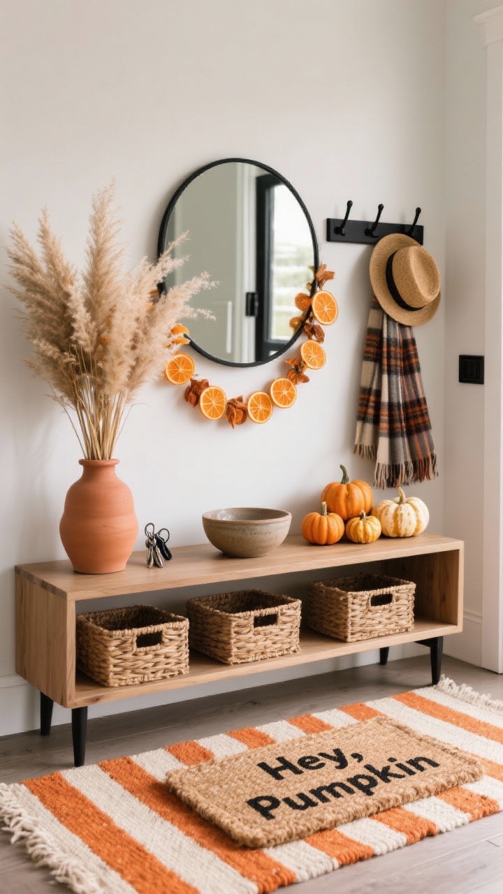 Straight-on medium shot of an autumn entryway vignette: striped indoor/outdoor rug layered with a smaller coir mat reading “Hey, Pumpkin”; narrow console table with baskets underneath; on top, a DIY dried orange slice garland draped across a mirror, a ceramic bowl for keys, and a cluster of mini gourds; tall bundle of dried pampas grass in a matte terracotta vase; simple black peg rail with a plaid scarf and straw hat; hardware in matte black; palette burnt orange, terracotta, cream, oak, matte black; cozy, instantly autumn, photorealistic.