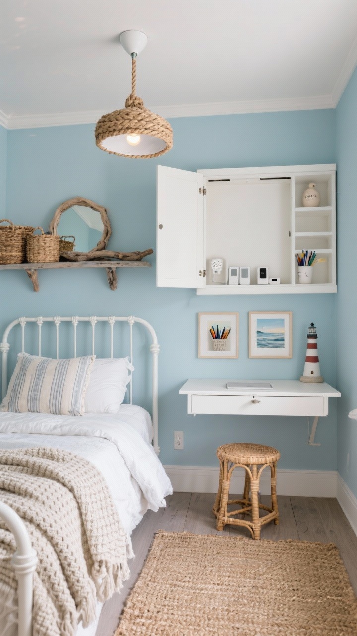 Straight-on medium shot, photorealistic: A coastal small bedroom painted sea-salt blue with white trim, featuring a white metal bed frame with open slats, layered breathable cotton bedding, striped throw, waffle-knit blanket, and linen pillow shams. The star is a fold-down wall desk: a shallow white cabinet opened into a sturdy work surface with built-in cubbies organizing pens and chargers; a rattan stool tucks beneath and can double as a nightstand. Lighting includes a rope-wrapped pendant overhead and a small white LED puck light inside the open desk. Decor includes woven baskets on a high shelf, a driftwood mirror, and a tiny ceramic lighthouse. A jute rug underfoot and two framed coastal prints reinforce the sun-washed, airy vibe.