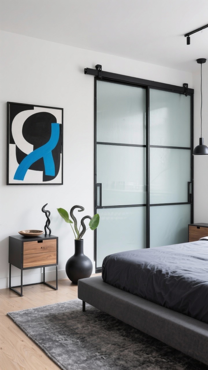 Straight-on medium shot, Urban Edge: matte black aluminum-frame wardrobe with frosted glass sliding doors spanning one wall, diffusing light into a compact room with gallery white walls; simple charcoal platform bed with sharp lines, a large abstract canvas above the bed in black, white, and a bold pop of cobalt; light oak or polished-concrete-look floor with a low-pile graphite rug; steel-and-wood cube nightstands with a single drawer; black linear pendant or track lighting echoing the wardrobe frame; minimalist accessories: a ceramic tray, a sculptural vase, and a snake plant in a matte black pot; crisp, graphic, modern mood.