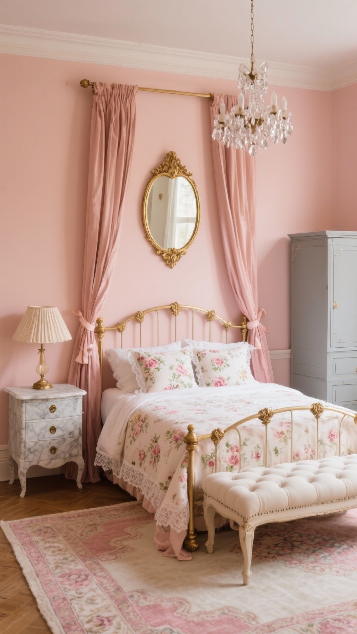 Straight-on medium shot — Vintage Romance: A petite Parisian-style bedroom wall with blush paint (hint of peach). A brass bed with delicate curves is centered, dressed with floral chintz pillows and lace-trim bedding. A cream tufted bench sits at the foot of the bed. Silk drapes in dusty rose are tied back with narrow ribbons. A marble-topped nightstand with antique brass hardware holds a petite lamp with a pleated fabric shade; a French-style dresser in soft dove gray sits to the side. Over the bed hangs a gilded mirror that reflects light. Scaled-small crystal drop chandelier overhead. Persian-style rug in faded pinks and creams underfoot. Soft, romantic lighting, photorealistic, no people.
