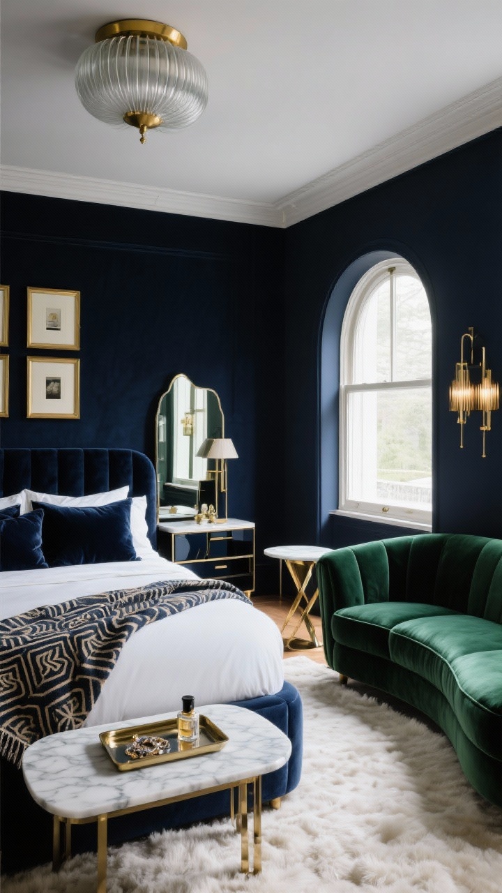 Straight-on medium-wide shot, Art-Deco glam: deep blue-black walls, bed with midnight velvet shams and crisp white sheets plus a patterned deco throw; compact curved velvet sofa (60–66 inches) in emerald positioned to one side, playing against angular nightstands and mirrors; ribbed glass flush mount ceiling light and brass picture lights illuminating framed art; thin marble-topped side table beside the sofa with a high-shine lacquer tray for jewelry and perfume; large arched mirror opposite the window reflecting light to make the velvet gleam; plush ivory rug grounding bed and seating; materials: velvet, marble, lacquer, mirror, polished brass; moody, luxe, cinematic; photorealistic, no people.