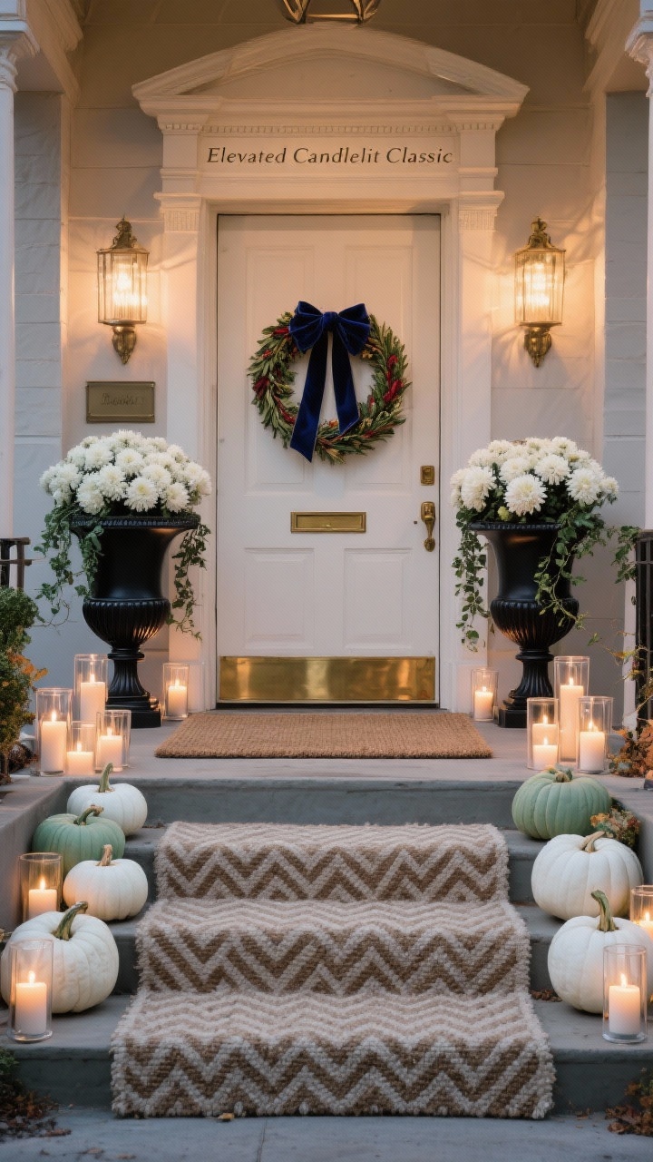 Straight-on, symmetrical, evening “Elevated Candlelit Classic” entry: matching black urns flanking the door, filled with white mums and trailing ivy; pumpkins strictly white and pale green arranged in graceful clusters along the first step; herringbone coir mat layered over a neutral striped rug; door upgraded with a brass kickplate and coordinating hardware; classic laurel wreath with a velvet ribbon in deep navy or oxblood; multiple pillar candles in clear hurricanes lining the steps for safe, warm light; timeless, elegant, hotel-entrance polish, no people.