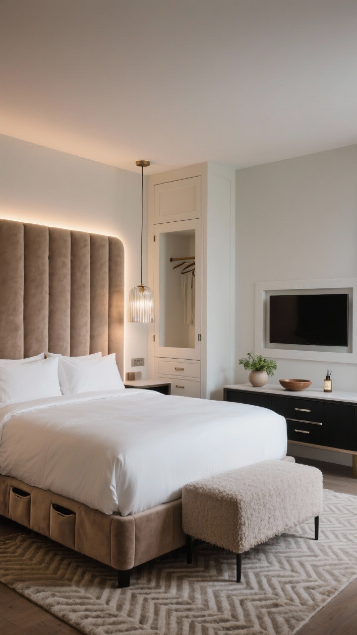 Straight-on wide shot, boutique hotel chic: A queen bed with a full-height channel-tufted headboard wall upholstered in mushroom velvet, bedding in crisp white with a soft taupe border, and a tailored skirt concealing storage bins. On each side, slim waterfall nightstands kept minimal; ribbed glass pendant lights hang above, freeing surface space. Along one wall, a shallow built-in wardrobe (16–18 inches deep) with sliding shaker doors painted to match the walls for a seamless look; inside glimpses suggest double rods and drawers. Opposite the bed, a frame TV mounted above a narrow console with a bouclé cube ottoman tucked beneath. A low-pile wool rug in subtle herringbone runs wall-to-wall. Integrated LED strips behind the headboard create a halo glow; palette of mushroom, taupe, crisp white, matte black, brushed nickel. Add a small ceramic bowl, a tiny vase of fresh greens, and a cedar-bergamot diffuser on the nightstand. Quiet, luxurious evening lighting, photorealistic.