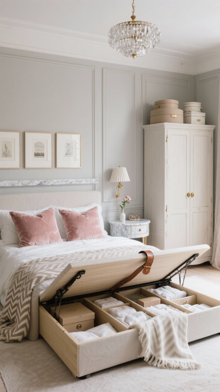 Straight-on wide shot, Parisian Chic With Elevated Under-Bed System: Elegant bedroom with soft greige walls, slim moulding, and a framed gallery trio above the bed. A lift-up storage bed with a leather pull strap is open, revealing a meticulously organized full under-bed compartment with boxes and neatly folded linens. A tall armoire with paneled doors and delicate aged-brass knobs stands to the side, stacked hat boxes on top. A marble-topped demilune console serves as a petite vanity with a shallow jewelry drawer; a moulded ledge shelf above the headboard displays slim framed art and a tiny bud vase, eliminating nightstand clutter. Lighting: petite pleated sconces flank the bed, a crystal flush mount adds sparkle. Textiles: linen duvet, blush velvet pillows, herringbone throw in ivory. Mood: airy, polished Parisian charm, soft daylight with gentle highlights, photorealistic.