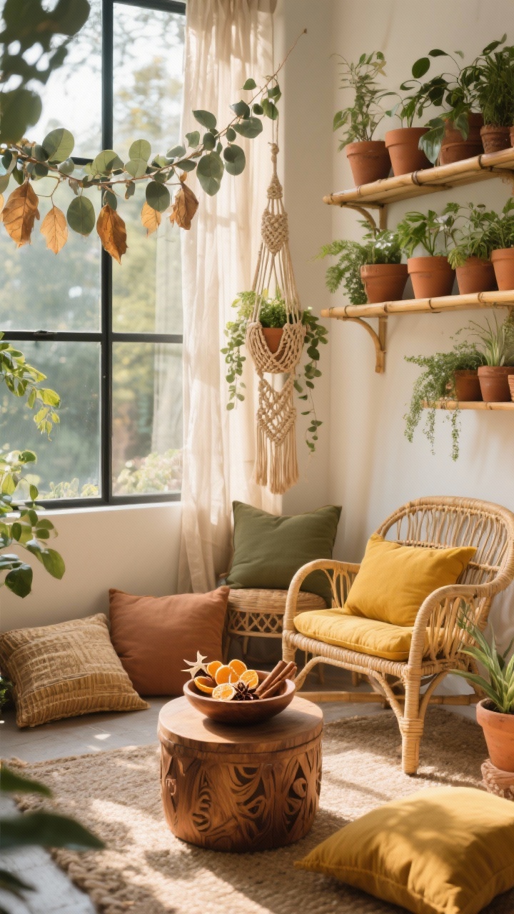 Sunlit, diagonal corner view of a boho botanicals sunroom: rattan chairs layered with mustard and clay cushions, scattered floor pillows; macrame plant hanger overhead; bamboo shelf clustered with terracotta pots and thriving greenery; DIY garland of dried leaves and eucalyptus draped along tall windows; low drum table holding a hand-carved wood bowl filled with dried citrus, star anise, and cinnamon sticks; gauzy curtains catching late afternoon light; palette of clay, mustard, olive, and natural rattan; textural focus on macrame, woven cane, terracotta, and linen; photorealistic.