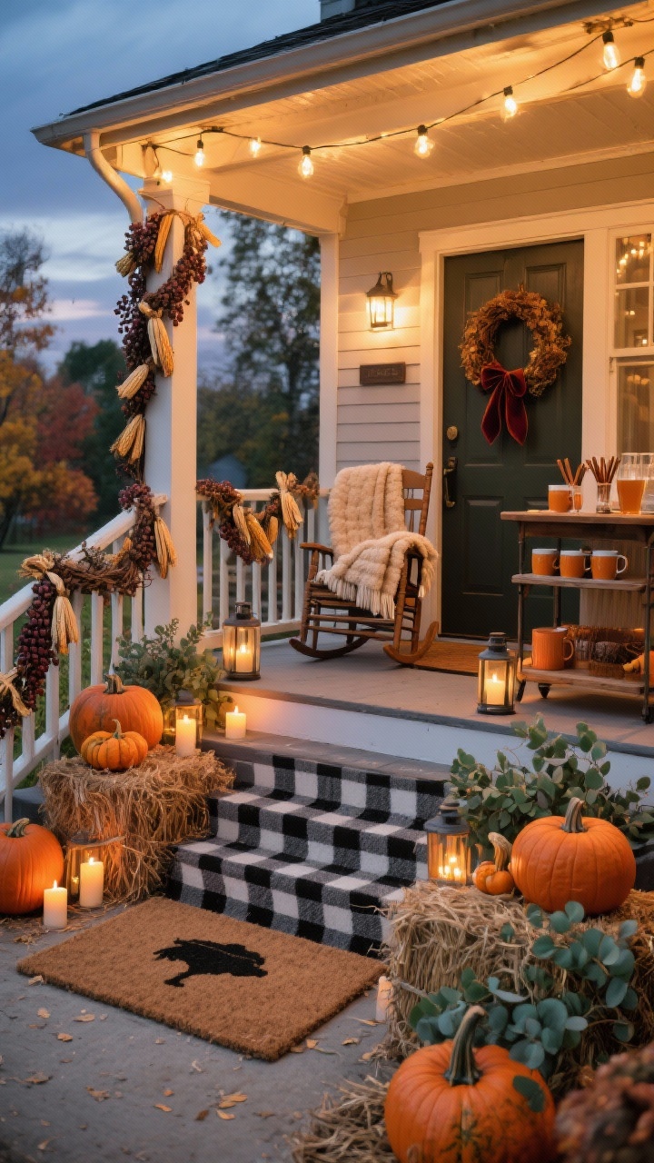 Twilight wide shot of an inviting fall porch: steps lined with lanterns and LED pillar candles; buffalo-check doormat layered over a larger jute rug; hay bales used as pedestals for heirloom pumpkins of varied shapes and sizes; DIY eucalyptus and dried corn husk garland along the railing; grapevine wreath with velvet ribbon on the door; rocking chair with a wool throw; a bar cart transformed into a cider station with mugs and cinnamon sticks; string cafe lights overhead creating a warm canopy; palette of black-and-white checks, pumpkin orange, eucalyptus green; glowing, photorealistic, no people.