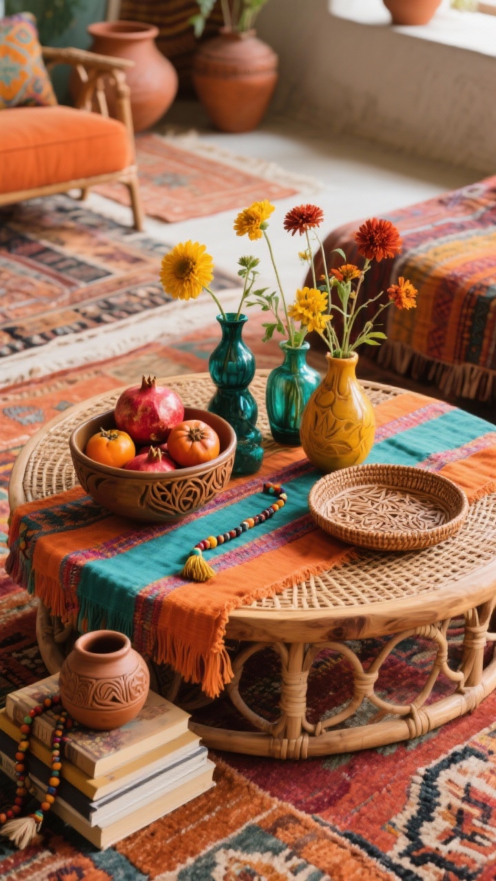 Wide angle, Artful Boho Ember: carved mango wood or round rattan coffee table in a layered, eclectic living room with overlapping rugs and terracotta accents. Lively palette: spice, marigold, teal, terracotta. A colorful textile runner spans the table. An artisan glazed pottery bowl overflows with pomegranates or persimmons. A cluster of jewel-toned bud vases holds wild, asymmetric stems like marigold mums and rust-colored cosmos. A mini woven tray nested within the vignette, and a beaded tassel or mala draped across a small book stack. Textures of rattan, carved wood, glazed pottery, fringed textiles. Soft afternoon light, vibrant and cheerful. Photorealistic.