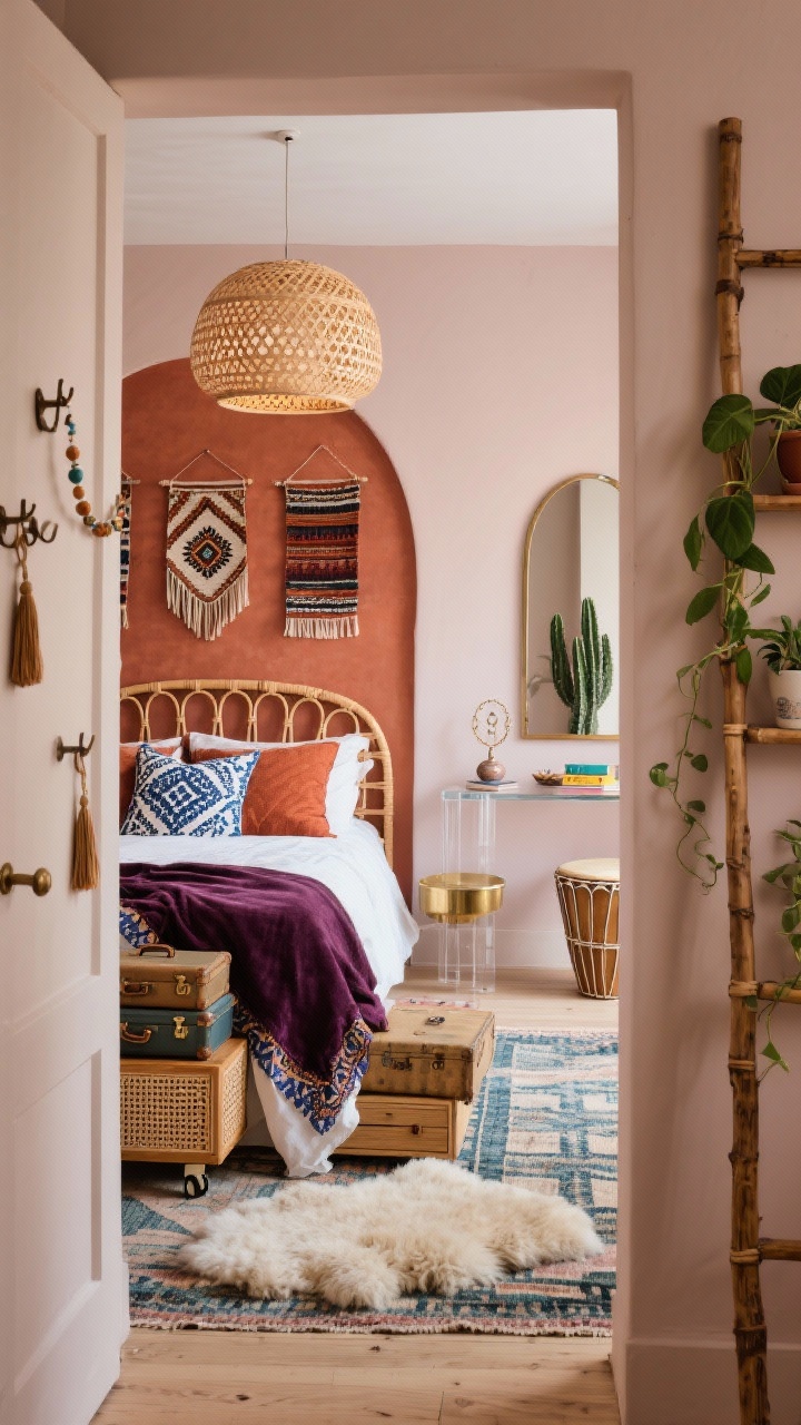 Wide angle from doorway: Bold boho micro-luxe bedroom with a muted terracotta accent wall behind a curved cane headboard; remaining walls in soft blush-beige. Bedding features a rust-and-indigo block-printed duvet, embroidered pillows, and a deep plum velvet throw. Nightstands are mismatched: a stacked trio of vintage suitcases on one side and a drum-shaped brass table on the other. A rattan dome pendant overhead casts a patterned glow. On the wall, three textile hangings add layered dimension. Opposite the bed, a slim acrylic console nearly disappears while holding a jewelry stand, ceramic tray, and small art books; a large arched mirror leans nearby to elongate the room. The floor shows a layered rug look: flat kilim topped with a fluffy sheepskin. Storage accents include over-door hooks with beaded tassels, a rolling under-bed drawer with cane fronts, and a tall ladder shelf with plants (trailing pothos, small fiddle-leaf, and a cactus). Collected, boutique-boho, photorealistic.