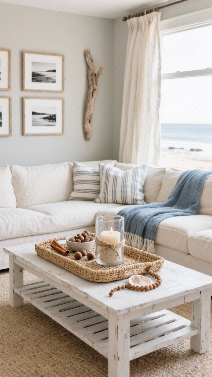 Wide coastal living room, Coastal Cinnamon Breeze: soft greige walls, slipcovered sectional in creamy canvas, driftwood frames with black-and-white shoreline photos, airy linen drapes, blue-gray throw and striped ticking pillows. Whitewashed wood coffee table with slatted shelf. On top, a woven seagrass rectangular tray holding a clear hurricane half-filled with sand and a candle, a twine-tied cinnamon stick bundle, a small bowl of acorns, and a shell-and-wood bead strand. Palette: cream, driftwood, sea salt, cinnamon. Textures: seagrass, canvas, weathered wood, glass. Bright natural coastal light, fresh and light autumn feel. No people, photorealistic.