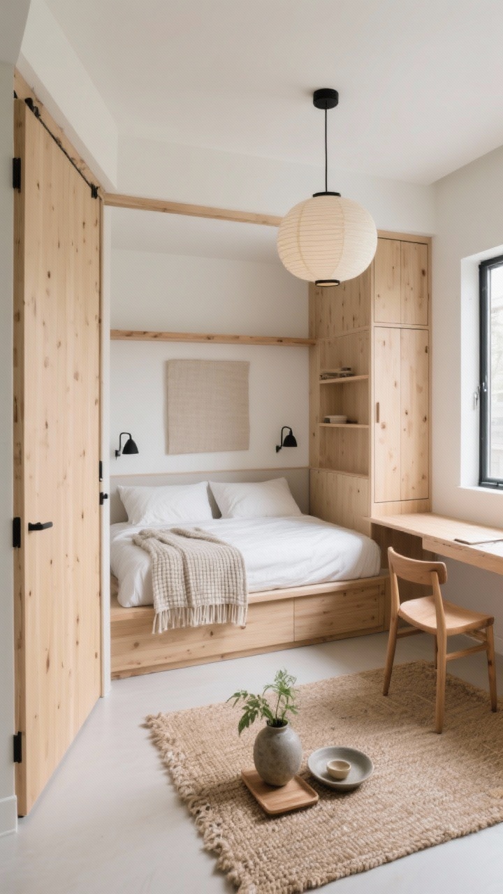 Wide corner angle, Japandi calm: A compact bedroom featuring a pale wood pocket door, a low ash-wood platform bed tucked into a custom built-in niche with flanking storage towers (hidden cabinets below, open shelves above) and a continuous ledge acting as the headboard shelf. Minimal black pin sconces mounted on the ledge; a large textural neutral canvas centered above the bed. Natural wood, warm white, sandy beige palette with hints of black. Textiles are elemental: cotton duvet, linen shams, waffle blanket folded at the foot. Opposite the bed, a wall-mounted fold-down desk under the window with a simple oak chair. A jute-wool blend rug grounds the space; decor is restrained—a stoneware vase, small plant, and ceramic tray. A paper lantern pendant overhead. Calm, spa-like daylight, photorealistic.